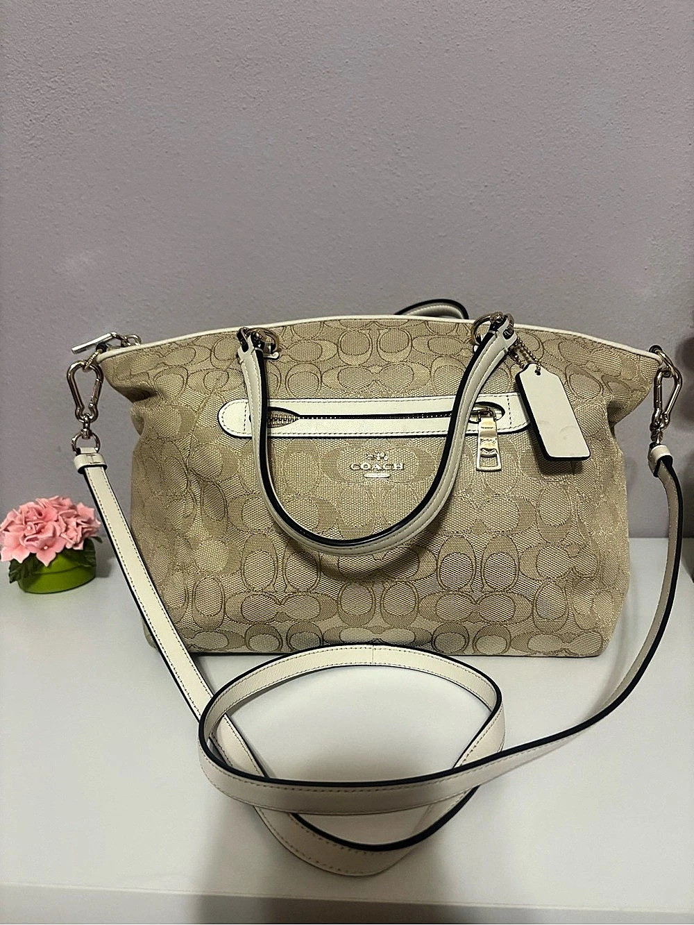 Coach Signature Satchel in Beige & White